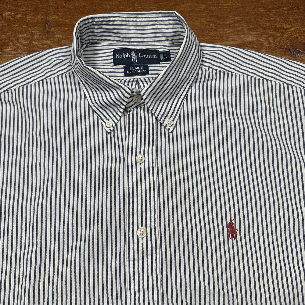 Vintage Ralph Lauren Blaire Button Up Shirt Mens 2XL White Blue Stripe 90s Retro